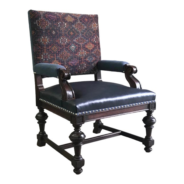 1920s Oak Leather Linen Armchair Reupholstered For Sale