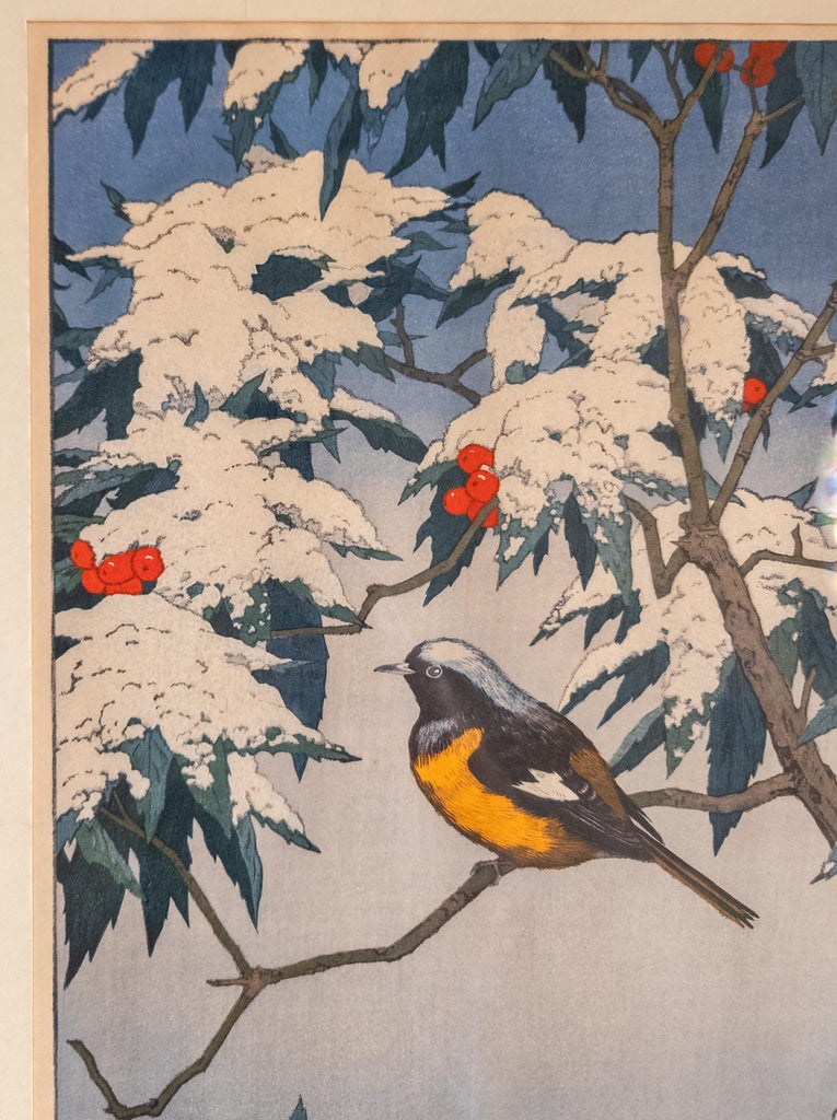 1970's Japanese Ukiyo-E Woodblock Print of Bird in Snow by Toshi