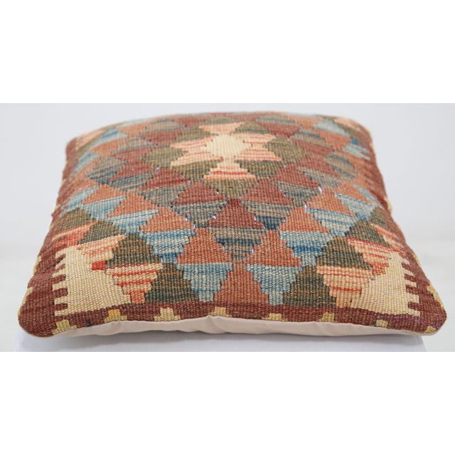 Tribal Arteverk Handwoven Afghan Kilim Pillow — Red & Blue Diamond Lattice For Sale - Image 3 of 3