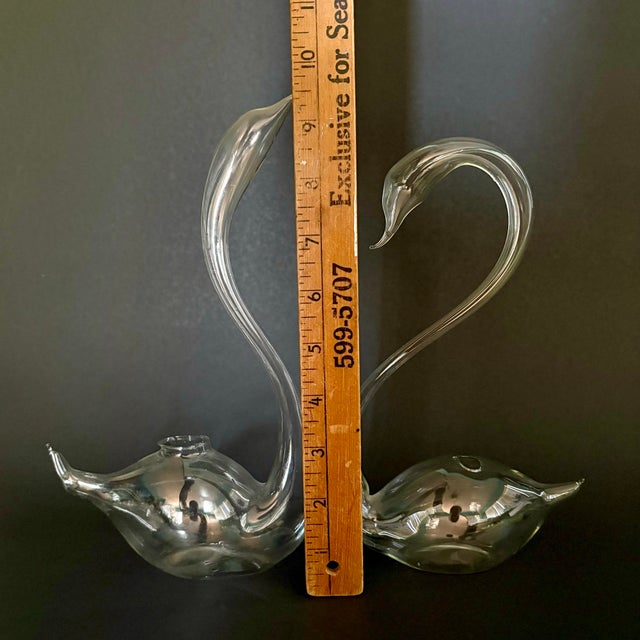 Vintage Pair of Delicate Glass Swan Bud Vases – Elegant Clear Figural Glass Decor For Sale - Image 9 of 9