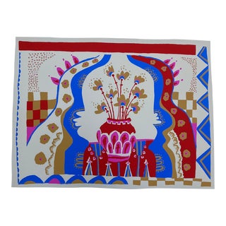 1970’s Original Folk Art Lithograph “Red Vase” For Sale
