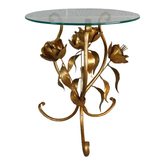 Italian Regency Gilt Gold Metal Base Round Glass Top Accent Table For Sale