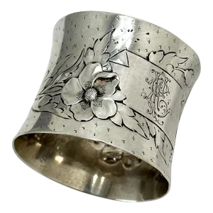 Outstanding Large Antique Germany 800 Grade Continental Coin Silver Flower Decorated Napkin Ring Circa 1880s
