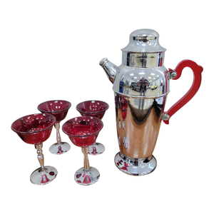 Vintage Art Deco Chrome & Bakelite Cocktail Shaker With Glasses