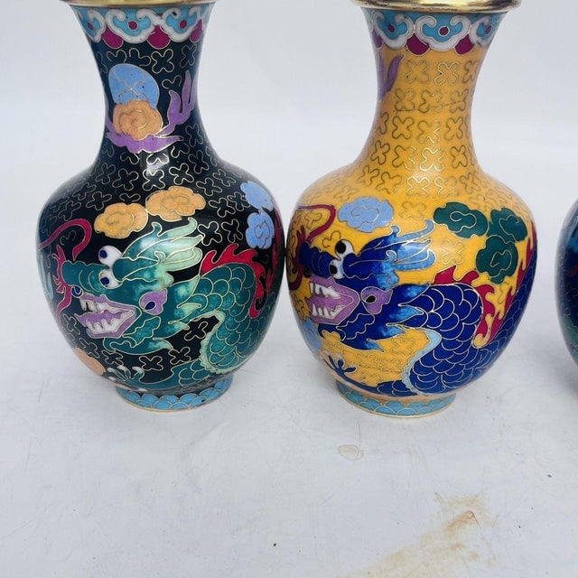 Set of 4 Vintage Cloisonné Enamel Dragon Vases With Gilt Rims For Sale - Image 4 of 9
