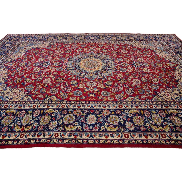 1960s Vintage Handmade Kashan Red Wool Rug With Medallion Motif - 9'9'' x 14'3''. For Sale - Image 5 of 10
