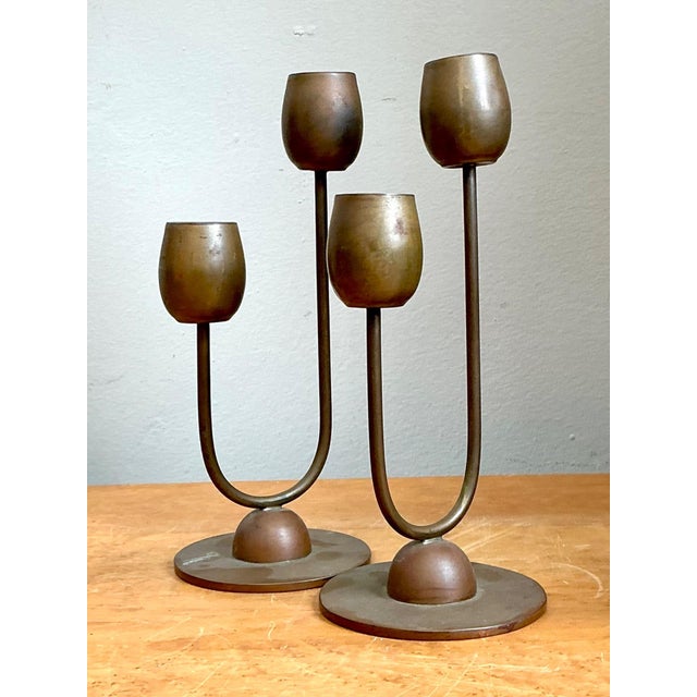 Vintage Brass Modernist Candlesticks - A Pair For Sale - Image 11 of 15