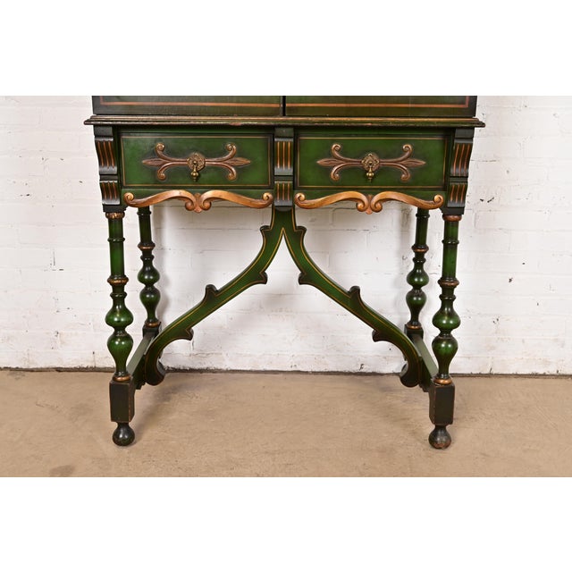 Antique Chinoiserie Jacobean Green Lacquered Hand Painted Bookcase or Bar Cabinet, Circa 1920s For Sale - Image 10 of 14