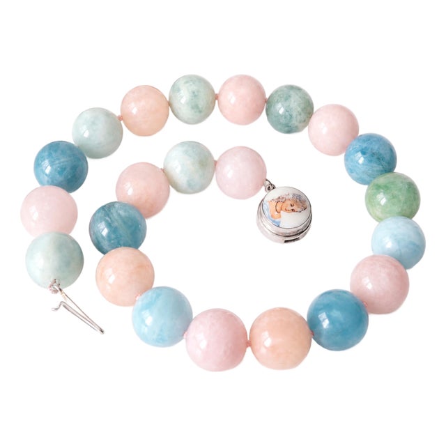 Aquamarine Morganite Beryl Beaded Necklace With Silver Clasp Porcelain Cameo Clasp For Sale