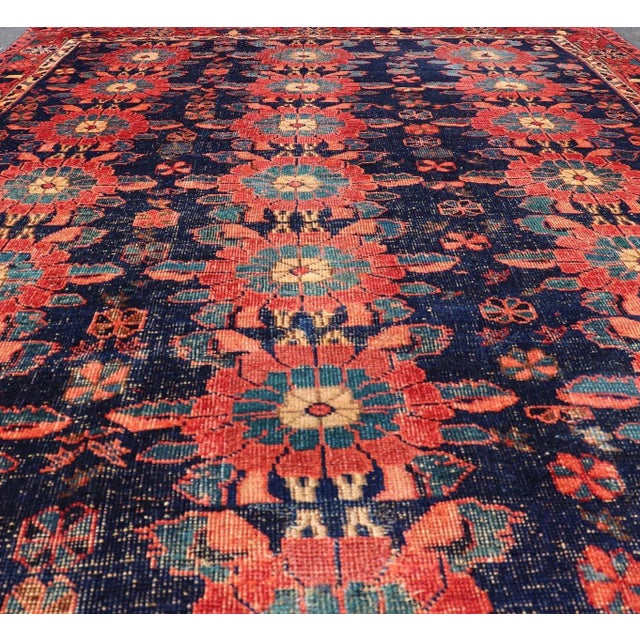 Early 20th Century Antique Persian Bidjar Rug With All-Over Floral Motifs in Red and Blue 5'0 X 7'9 For Sale - Image 5 of 12