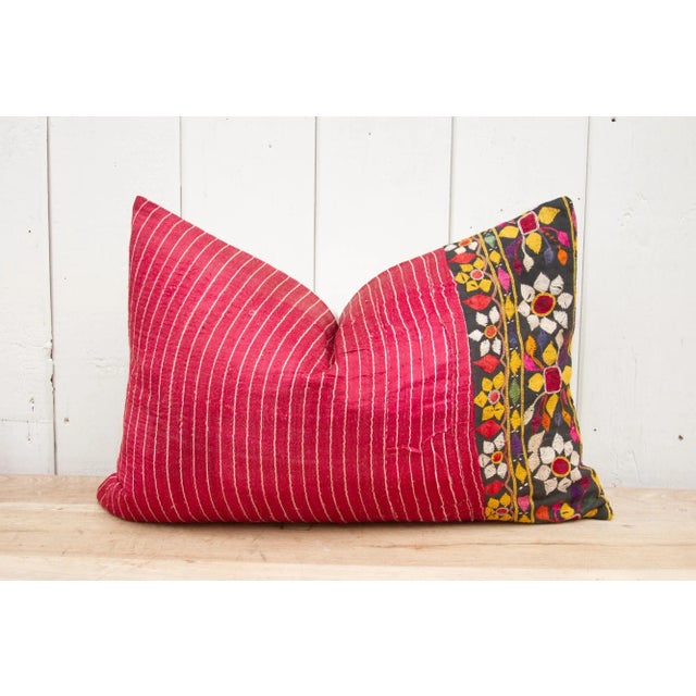Red Callie Antique Mashru Tribal Pillow For Sale - Image 8 of 8