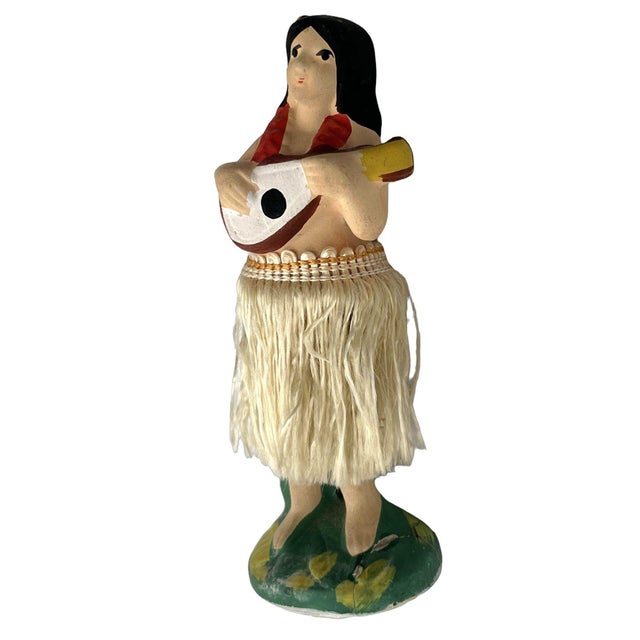 Original post-war ceramic chalkware dancing Hawaiian Hula girl figurine made from lightweight plaster and painted in...