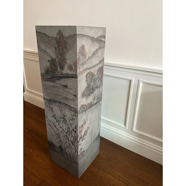 One-of-a-kind hand-painted pedestal. Adorned with a scenic landscape hand-painted by James Mobley in Los Angeles, CA.