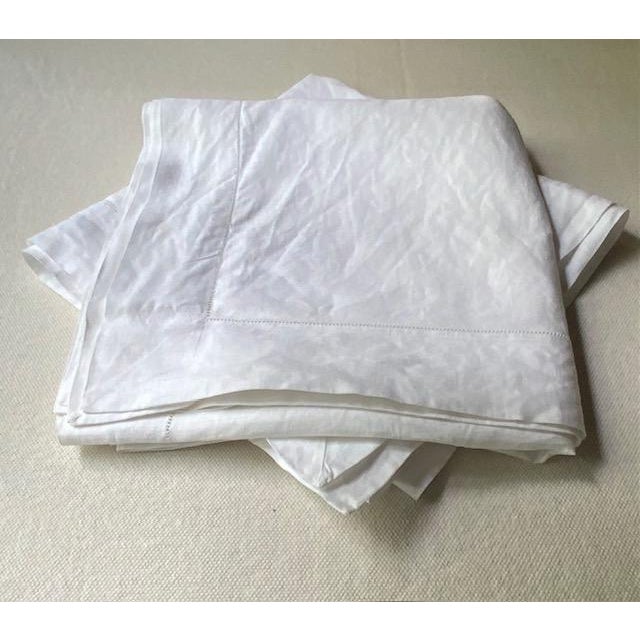 Linen Antique French White Linen Bistro Tablecloths, Hemstitch Border, Mitered Corners, 43" Square | Pair | C. 1900 For Sale - Image 8 of 18
