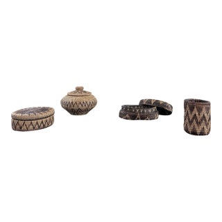 Vintage Hand-Woven Nito Vine Trinket Boxes & Basket Lot - Set of 4 For Sale