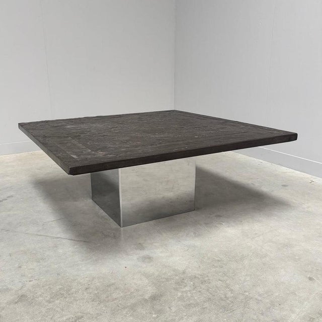 Remarks: Vintage brutalist style coffee table by Peter Draenert, Germany 1970s. Polished stainless steel base with fossil...