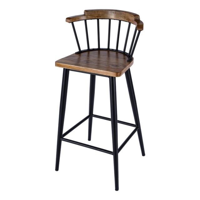 Merrick 30 in. Seat Height Wood and Iron Bar Stool with Spindle Back and Footrest, Natural For Sale