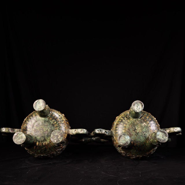 Bronze Monumental Pair of Chinese Gilt Bronze Double-Gourd Censers With Dragon Handles For Sale - Image 8 of 10