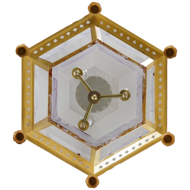 Mustard Vintage Chinoiserie Yellow Tole Hanging Lantern Chandelier With Brass Bells For Sale - Image 8 of 13