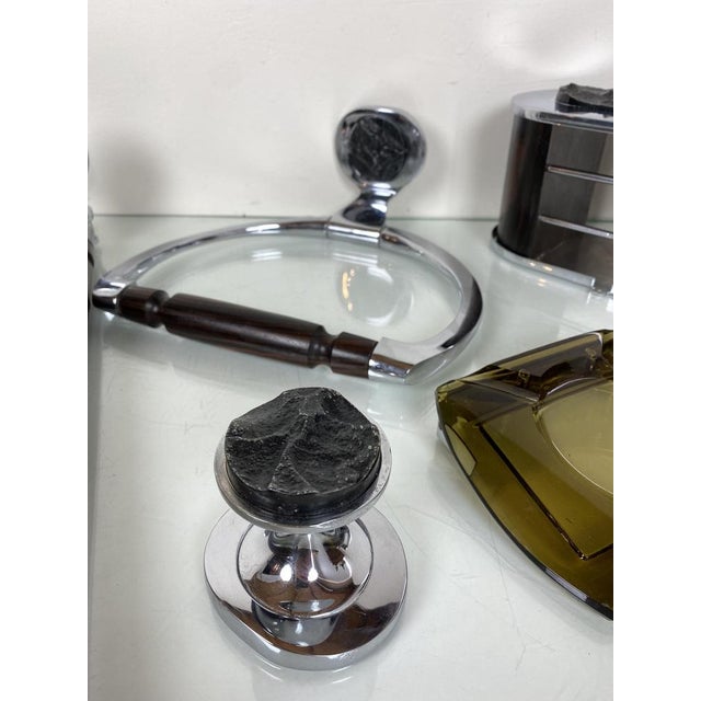 Brutalist Bathroom Set in Nickel-Plated Brass with Relief Stone, 1970s, Set of 5 For Sale - Image 4 of 18