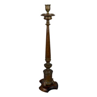 Antique Brass Candlestick with Wooden Base, 20th Century For Sale