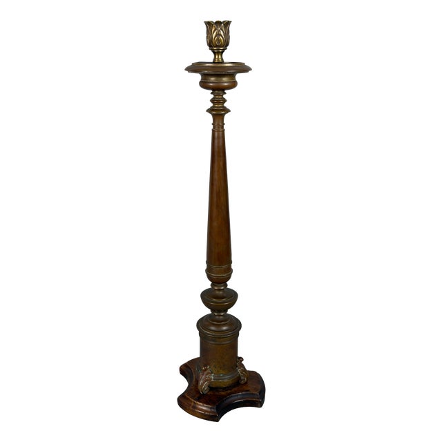 Antique Brass Candlestick with Wooden Base, 20th Century For Sale