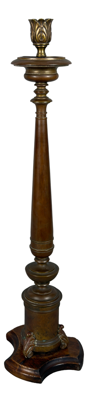 Antique Brass Candlestick with Wooden Base, 20th Century