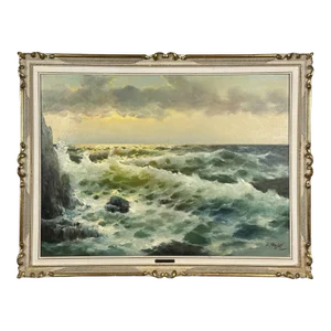 Vintage Post-Impressionist Sunset Seascape, Signed (C. 1950, Oil on Canvas)
