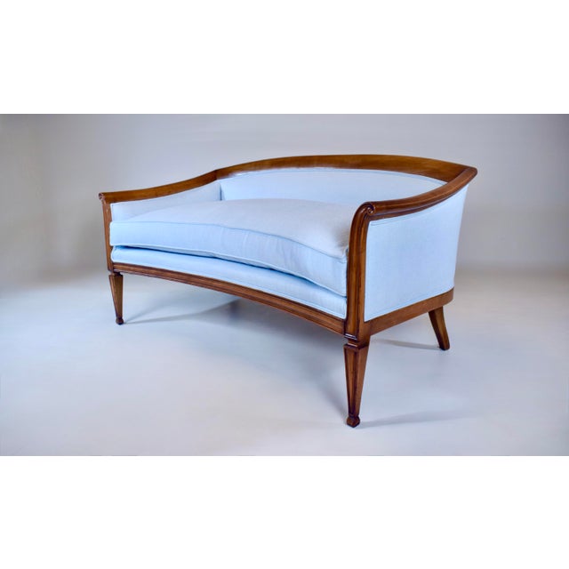 French French Directoire Style Sofa, Hand Carved Cherry, Light Blue For Sale - Image 3 of 18