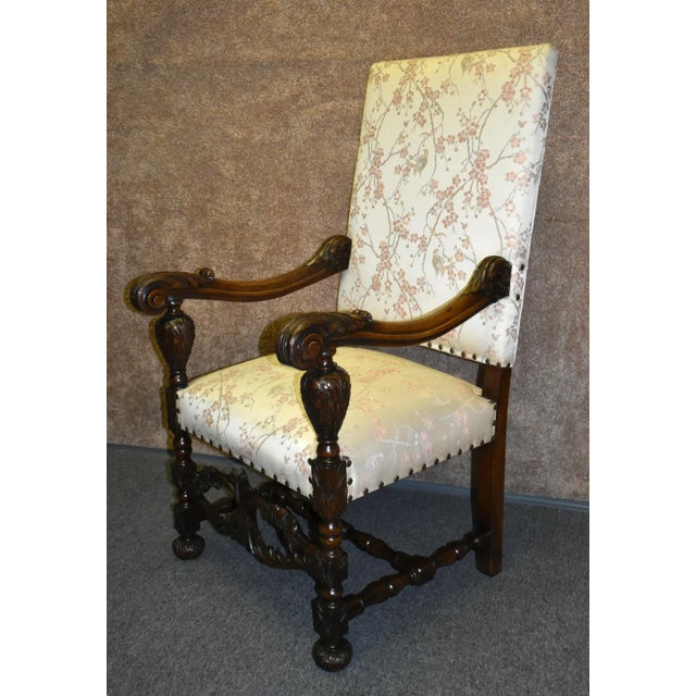 Carved Walnut Armchair French Style High Back Vintage Upholstered Floral Chair For Sale - Image 13 of 13