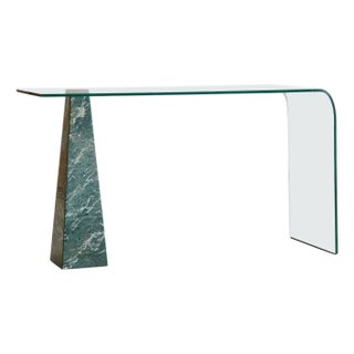 Breccia Verde Marble + Bent‑Glass Console Table, Europe Circa 1970 For Sale