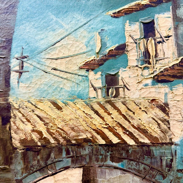 Wood Vintage Mid-Century Palette Knife Oil Painting, Mediterranean Village Street With Archway, Signed, Gold Frame For Sale - Image 7 of 9