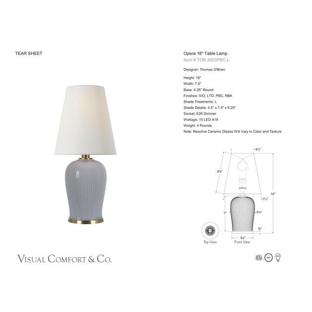 Thomas O'Brien by Visual Comfort Signature Opera 16" Table Lamp in Polar Blue Crackle with Linen Shade Designer: Thomas...