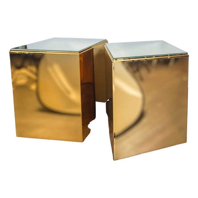 Mid 20th Century Pair of Large Brass Cube Side Tables For Sale