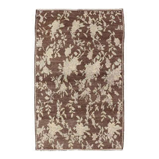 Mocha Vintage Turkish Oushak Rug With Free-Flowing Green & Cream Flower Blossoms For Sale