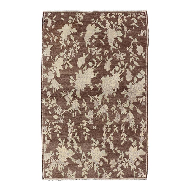 Mocha Vintage Turkish Oushak Rug With Free-Flowing Green & Cream Flower Blossoms For Sale