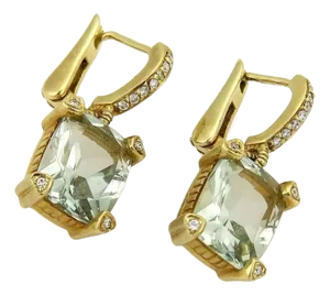 Judith Ripka Prasiolite & Diamonds 18k Yellow Gold Drop Dangle Earrings - 2 Pieces