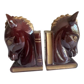 Vintage Art Deco Ceramic Horse Head Bookends With Gilt Book Spines – Pair Art Deco Equestrian Ceramic Bookends For Sale