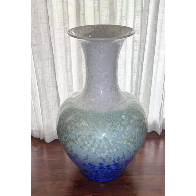 35” Extra Large Shiwan Style Crystalline Glaze Pottery Floor Vase Signed For Sale - Image 9 of 12