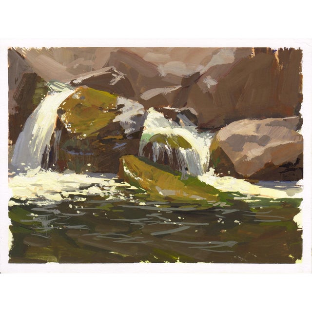 028 - Plein Air-Eldorado Canyon, CO, 4/20/22 by Judd Mercer | Gouache Painting of rocks and water in a canyon For Sale