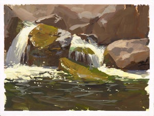 028 - Plein Air-Eldorado Canyon, CO, 4/20/22 by Judd Mercer | Gouache Painting of rocks and water in a canyon