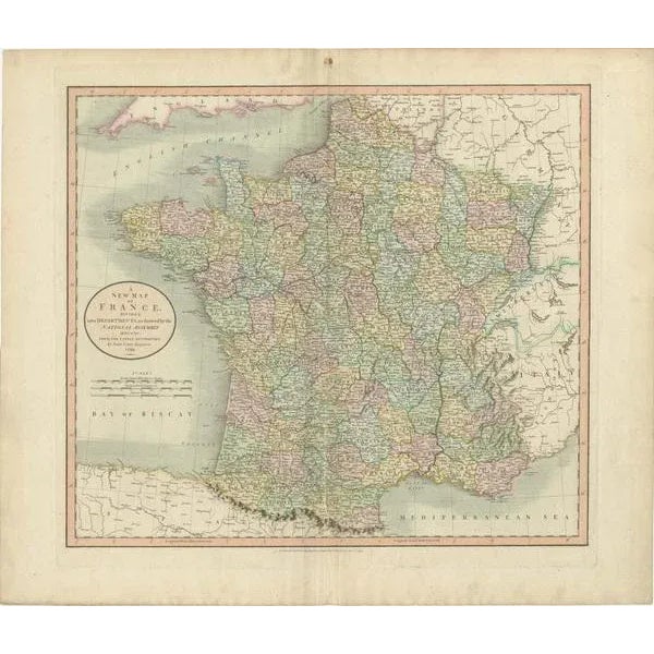 Antique map titled 'A New Map of France (\.)'. Original old map of France, divided into departments. with...