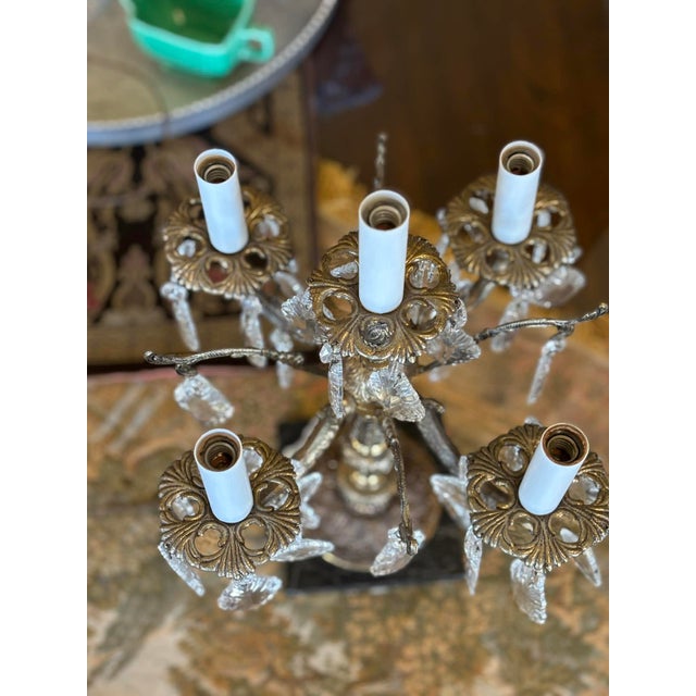 Metal 1940s Victorian Brass, Marble and Crystal 5-Arm Table Lamp For Sale - Image 7 of 11