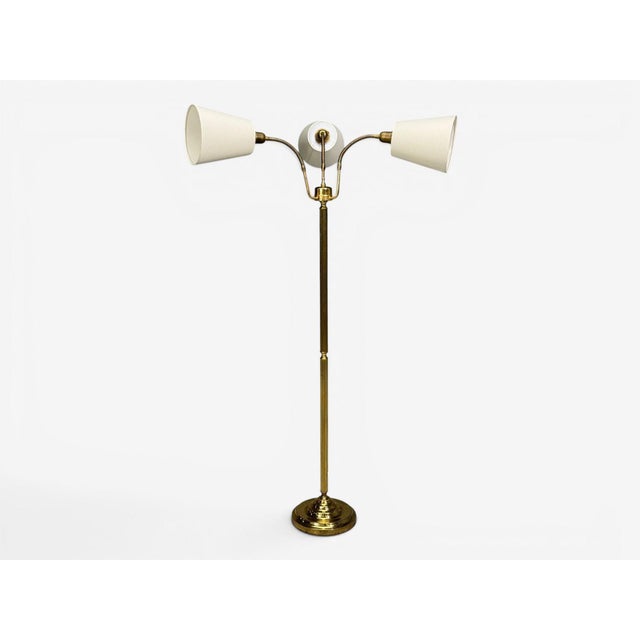 Mid-Century Modern 1970s Swedish Modern, Three Light Floor Lamp, Reeded Brass, Fabric, Sweden For Sale - Image 3 of 13