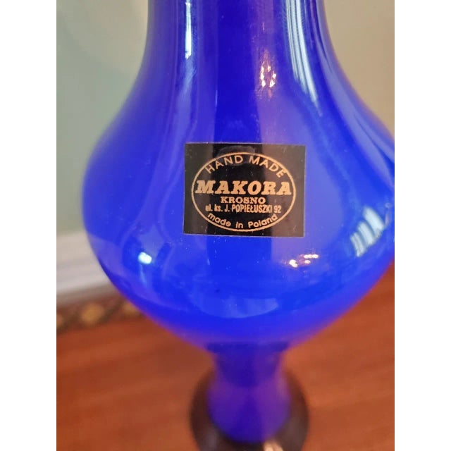 Vintage Krosno Makora Hand Blown 16" Cobalt Blue Glass Flower Vase For Sale - Image 4 of 4