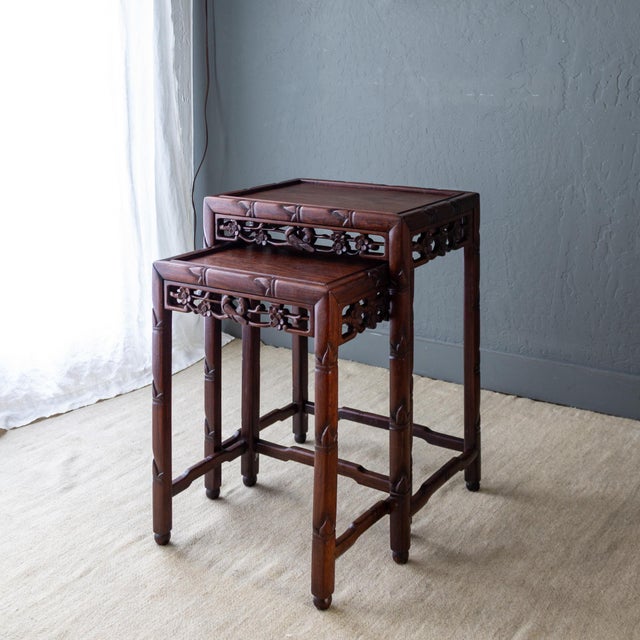 Asian Rosewood Nesting Tables With Carved Faux Bamboo Bird and Flower Fretwork For Sale - Image 16 of 18