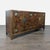 Elegant Drexel Heritage Dynasty credenza featuring richly figured burl walnut veneers, original brass campaign-style...