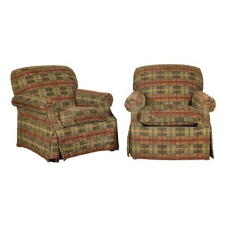 Pair of Kravet Plaid Upholstered Club Chairs with Skirted Base for Cozy Seating For Sale