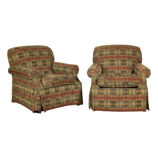 Pair of Kravet Plaid Upholstered Club Chairs with Skirted Base for Cozy Seating For Sale