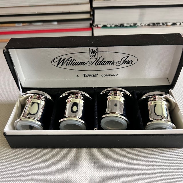 boxed vintage set of Towle / William Adams silverplate mushroom-form salt and pepper shakers. The set includes two pairs,...